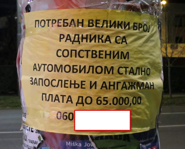 Oglasi za dostavljace u Beogradskom naselju Karaburma sa platom od 65 hiiljada dinara-550 eura.Kandidata nema.