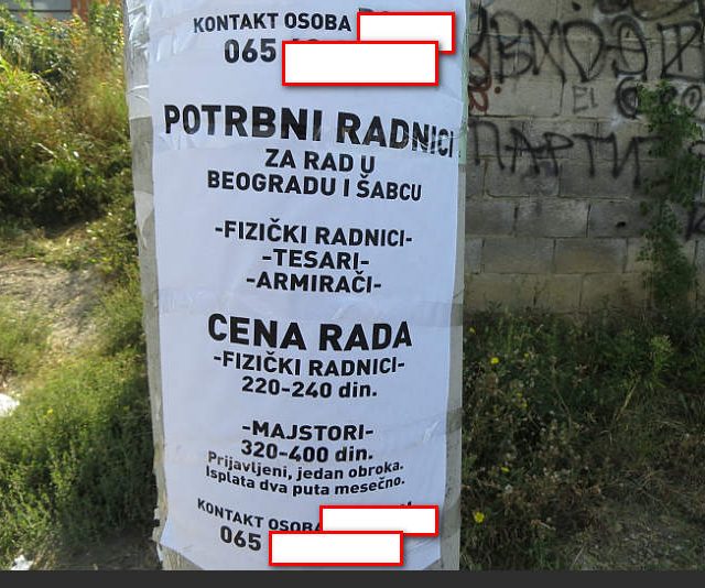 Oglas za radnike u Beogradskom naselju Zeleznik,opstina Cukarica.Cena rada je 1.5 eura po satu.Oglas stoji neupotpunjen vise meseci.