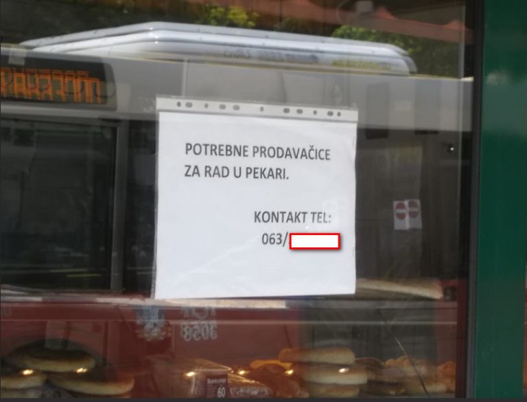 Oglas za prodavce i pekare i pomoćne radnike u kuhinji u gotovo svakoj pekari u Beogradu.Zainteresovanih nema sa platam i preko 50 hiljada dinara.